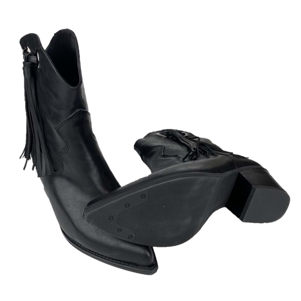 Siyah Suni Deri Püsküllü Western Kadın Bot Topuk 5 Cm