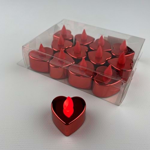 Metalik Kırmızı Renk Kalp Şeklinde Pilli Led Mum 12Li Paket