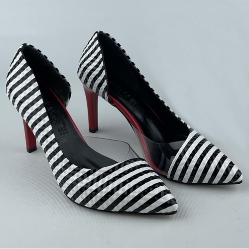 Siyah - Beyaz Rugan Stiletto Topuklu Kadın Ayakkabı
