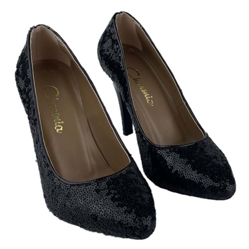 Siyah Payet 10 Cm Stiletto Kadın Topuklu Ayakkabı