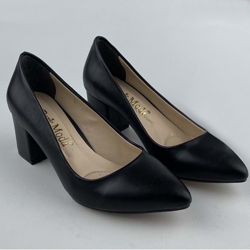 Siyah Suni Deri Kalın Topuklu Kadın Topuklu Ayakkabı