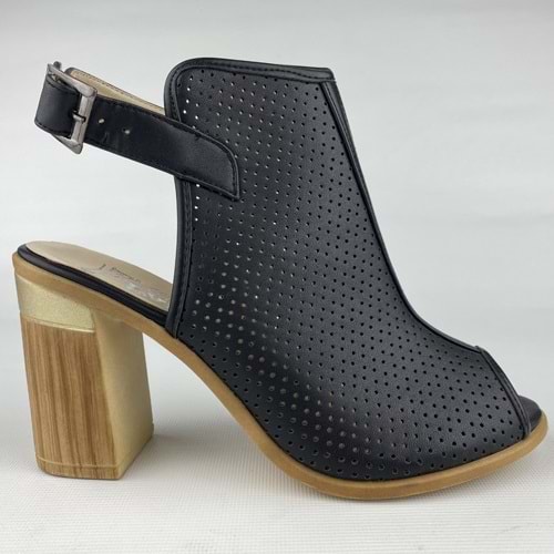 Siyah Delikli Bilekten Bağlı 9 Cm Kalın Topuklu Kadın Ayakkabı